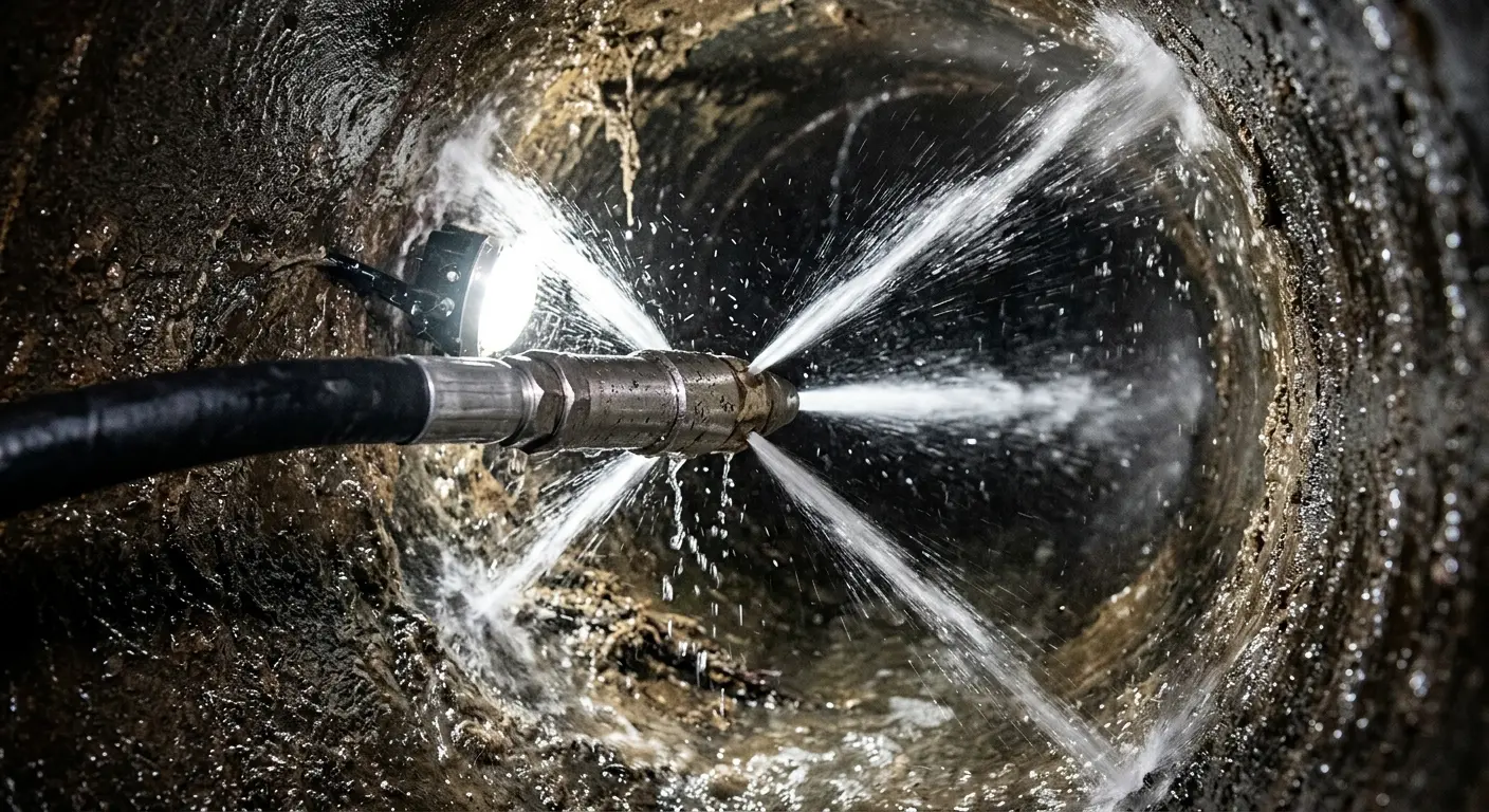 High-pressure hydro jetting nozzle cleaning sewer pipe for Emergency Drain Service in North Richland Hills