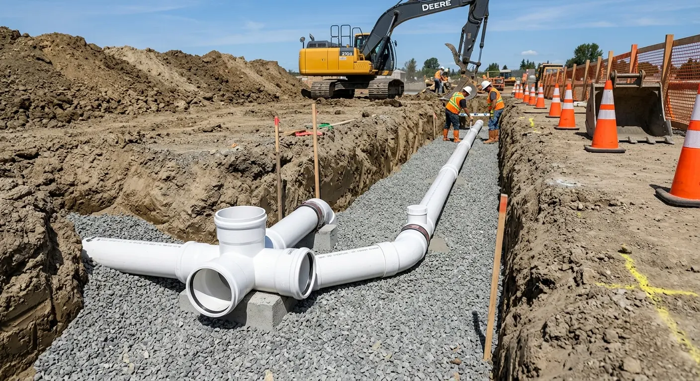 New PVC sewer pipe installation in open trench for Sewer Backup in North Richland Hills