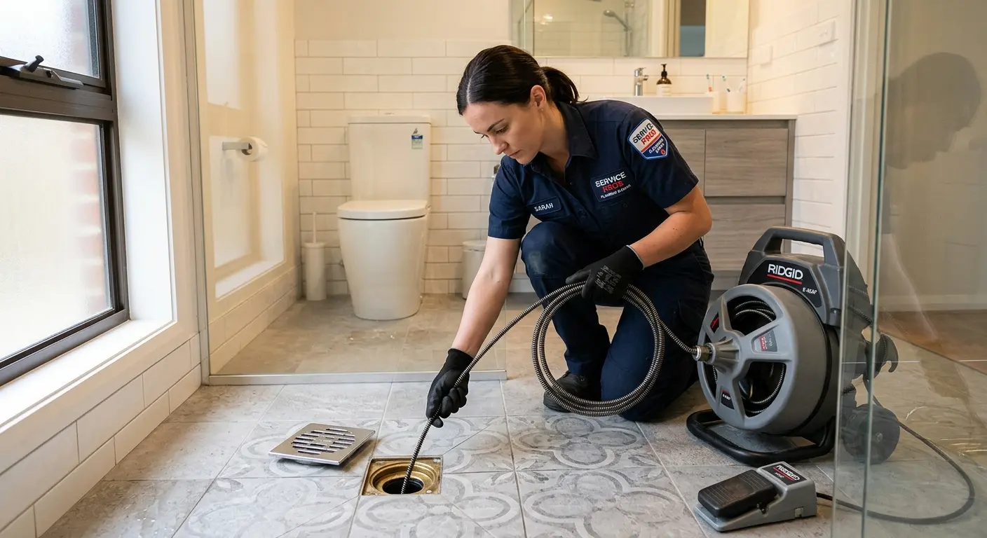 Technician clearing a bathroom floor drain for Sewer Line Replacement in North Richland Hills